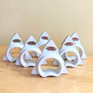 6 Vintage Napkin Rings Porcelain Christmas Tree Wreath Bow Japan